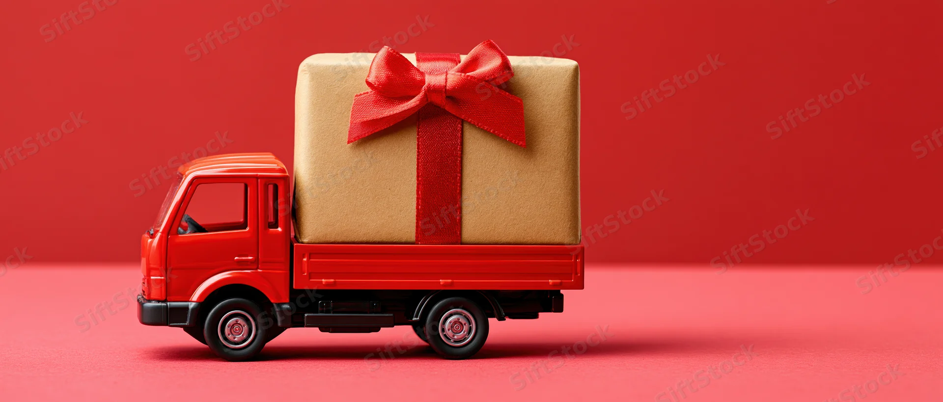 Red toy delivery truck carrying oversized gift box wrapped in kraft paper with red ribbon on red background
