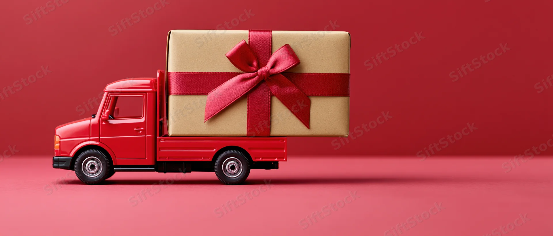 Red toy delivery truck carrying oversized gift box wrapped in kraft paper with red ribbon on red background