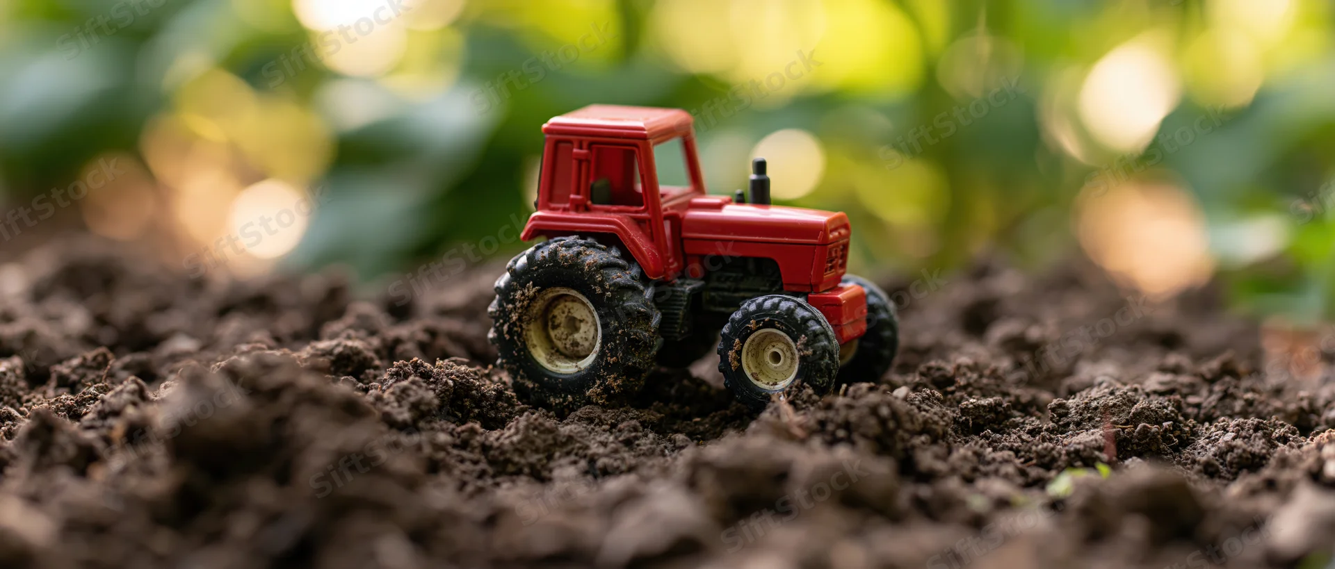Small red toy tractor on freshly tilled dark soil in a garden setting