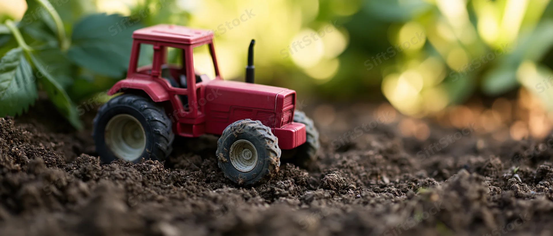 Small red toy tractor on freshly tilled dark soil in a garden setting