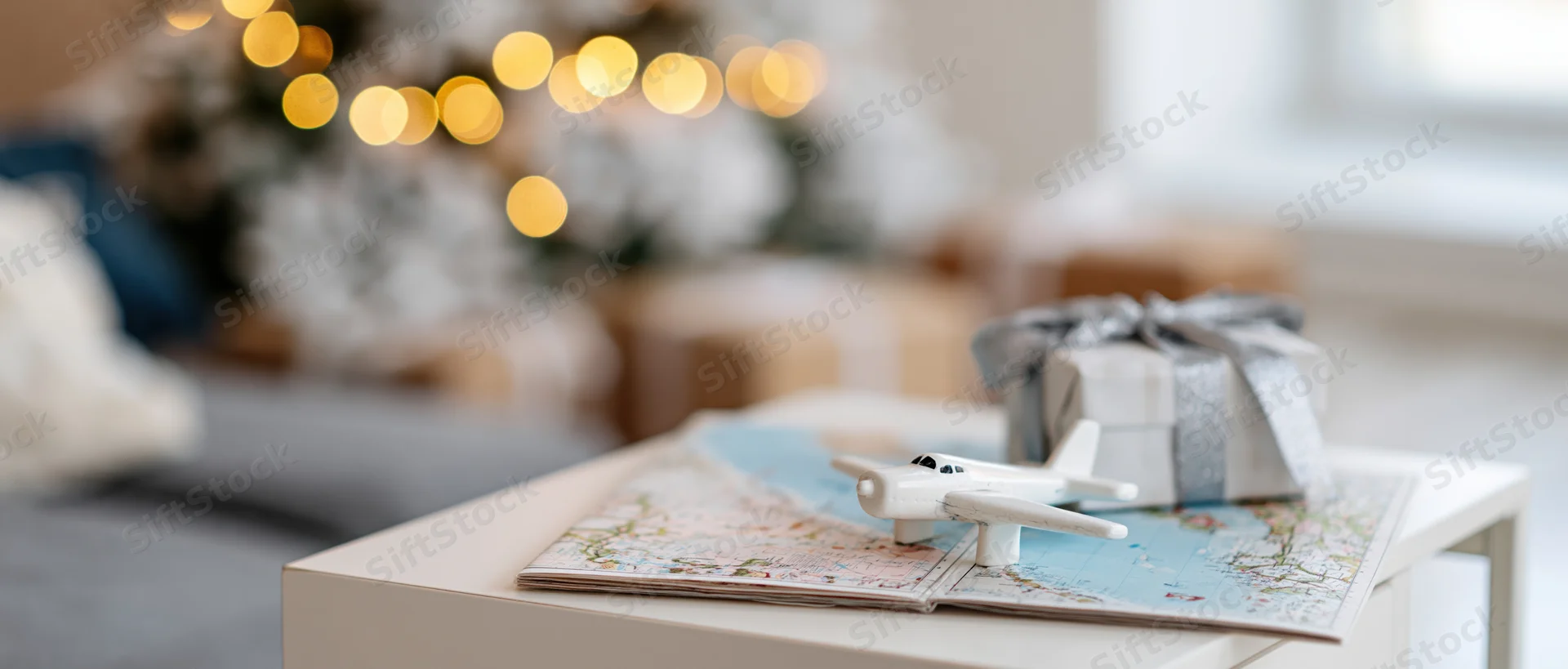 Small white toy airplane resting on open paper travel map on coffee table near christmas tree with wrapped gift and festive lights in background