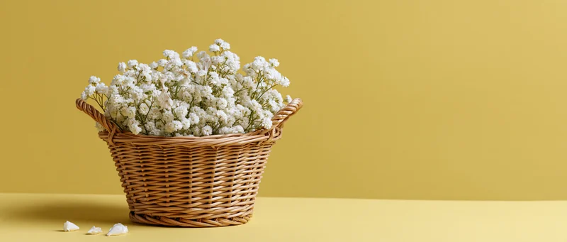 Wicker basket filled with white wildflowers on yellow surface with copyspace