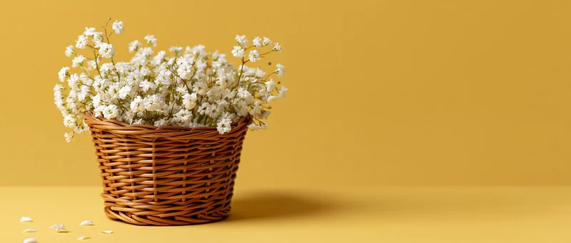 Wicker basket filled with white wildflowers on yellow surface with copyspace
