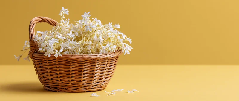Wicker basket filled with delicate white wildflowers on yellow surface