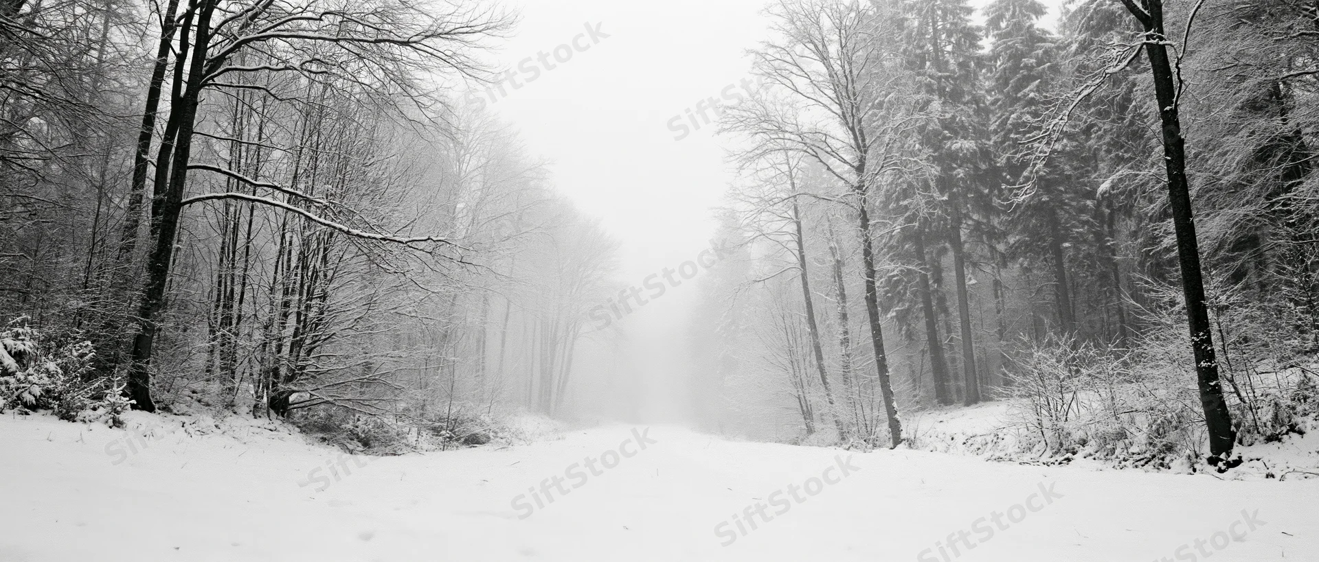 Snow-covered forest path disappearing into dense fog between bare trees