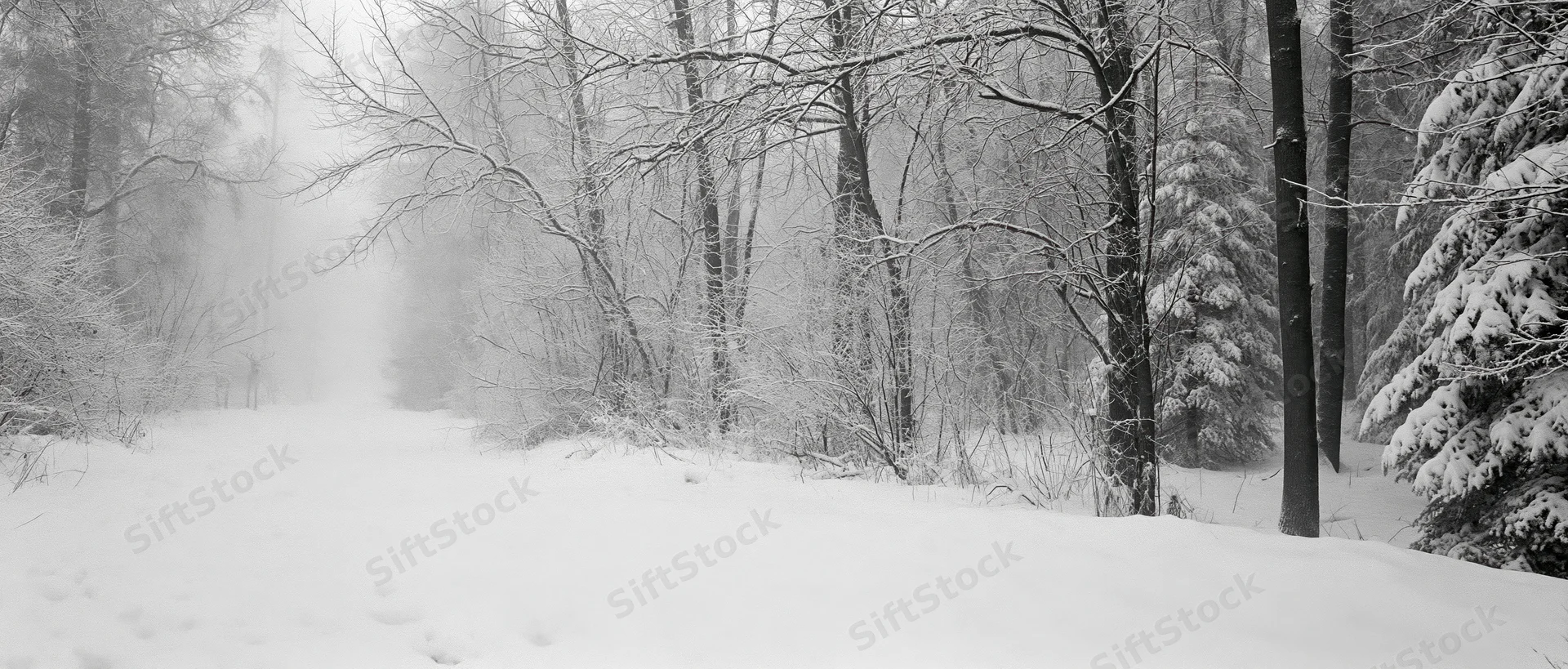 Snow-covered forest path winding through bare trees into dense fog