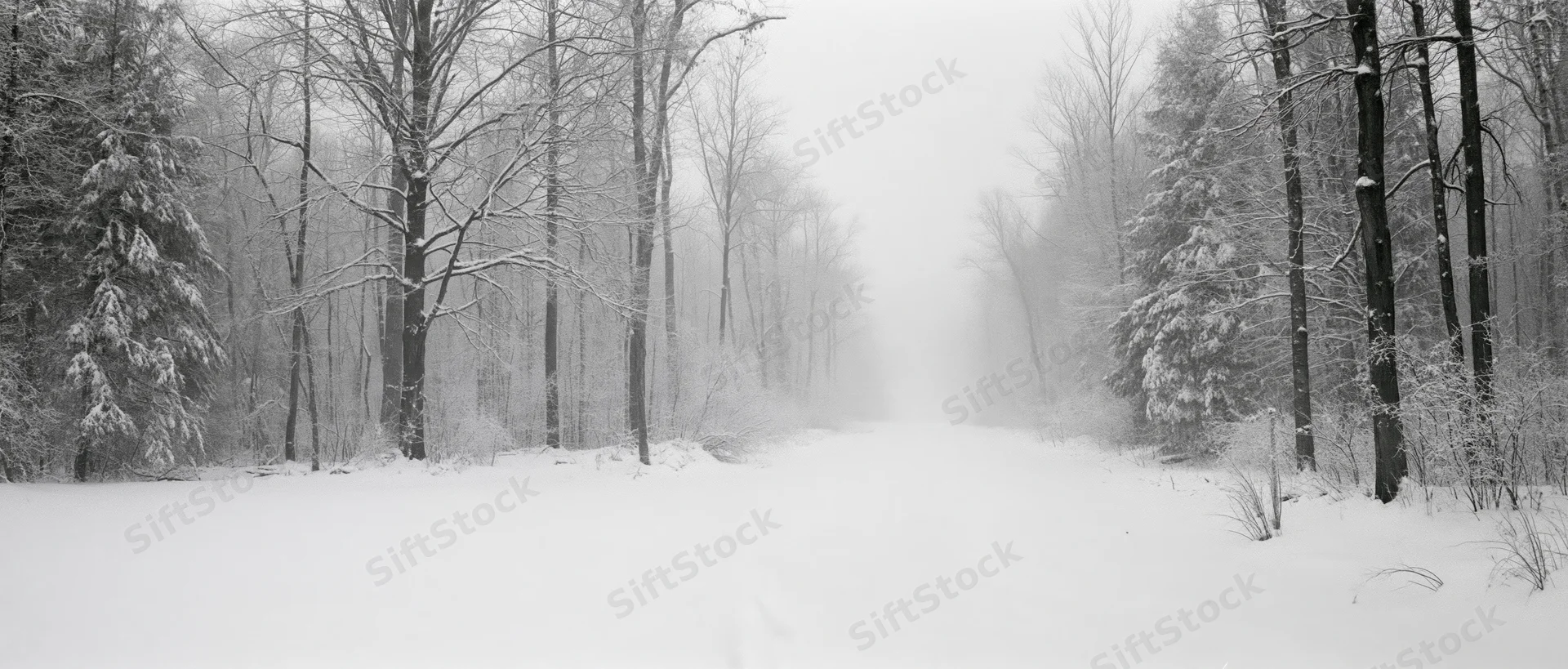 Snow-covered forest path disappearing into dense fog between bare trees