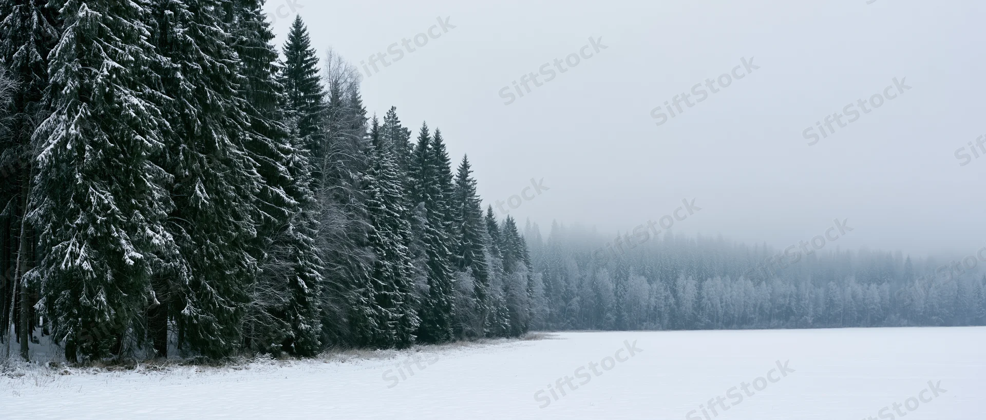 Snow-covered spruce forest lining a frozen lake under an overcast sky