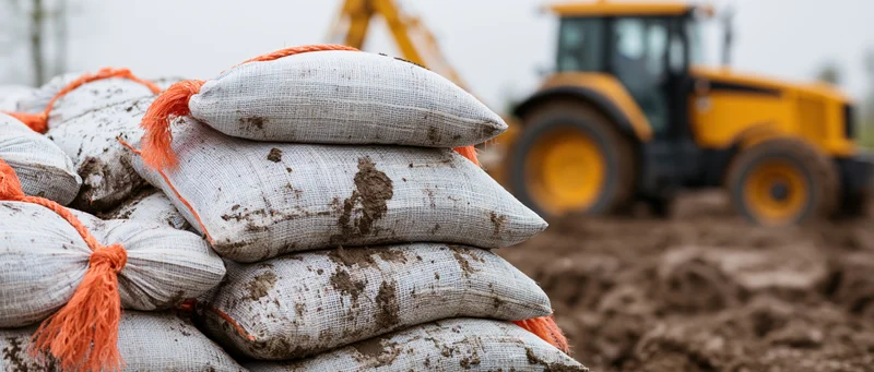 Stack of dirty white woven polypropylene sandbags tied with orange rope on muddy construction site with yellow tractor in background