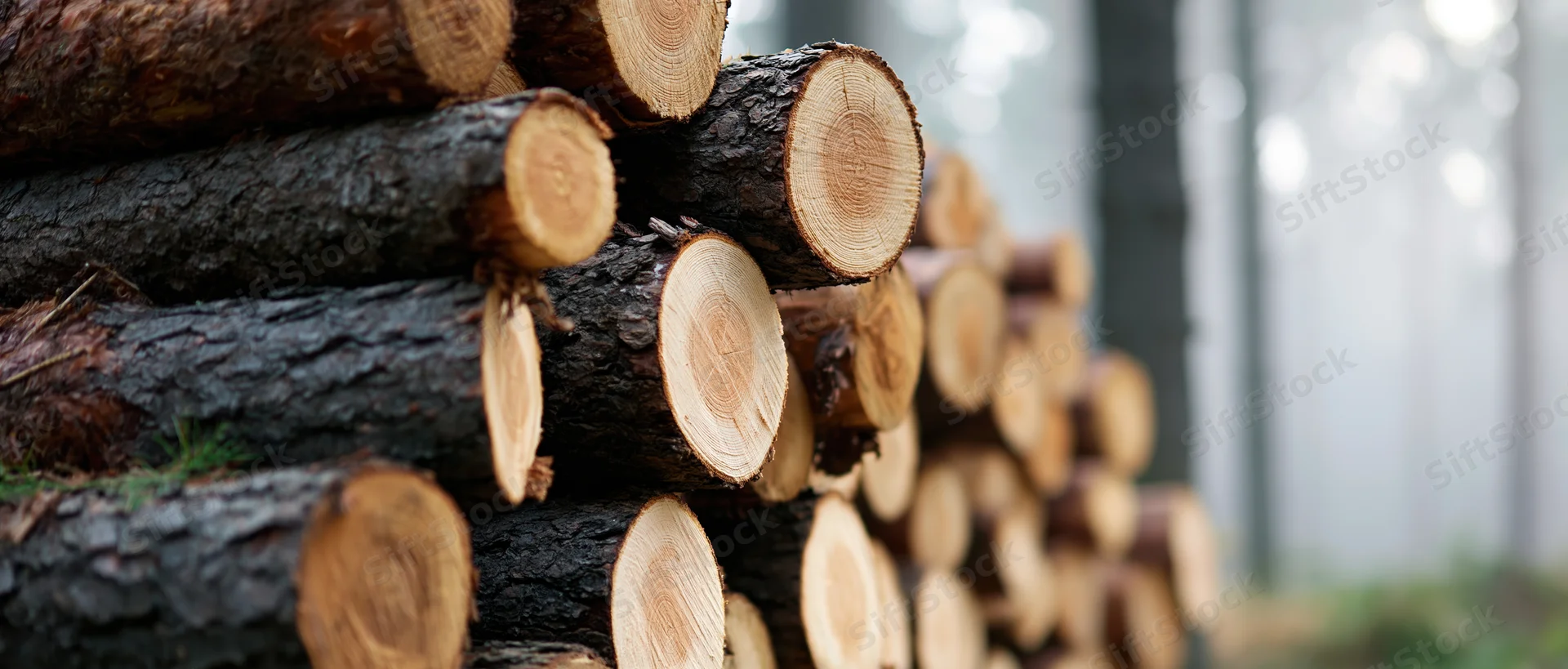 Stack of freshly cut pine logs piled horizontally in a forest setting