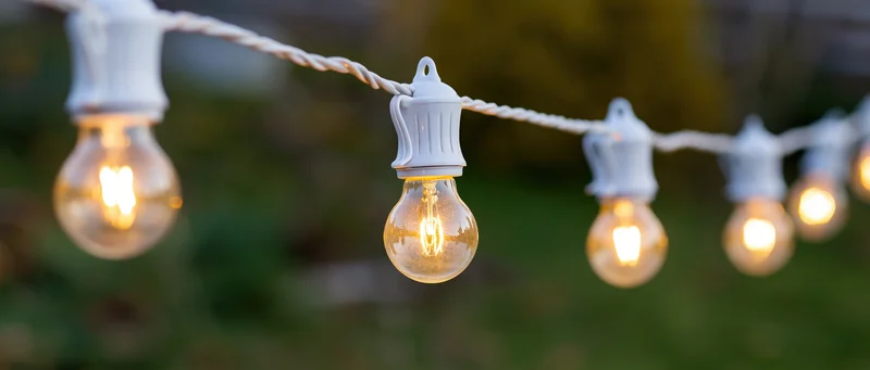 String of vintage edison filament bulbs glowing outdoors in a garden setting