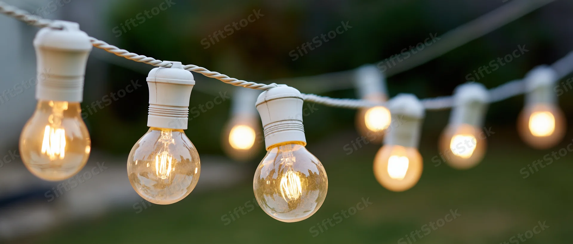 String of vintage edison filament bulbs glowing outdoors on a rope wire in a garden setting