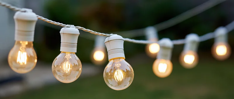 String of vintage edison filament bulbs glowing outdoors on a rope wire in a garden setting