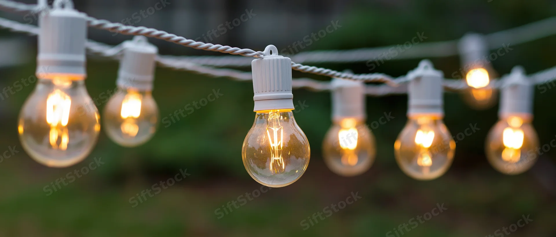 String of vintage edison filament bulbs glowing outdoors in a garden setting