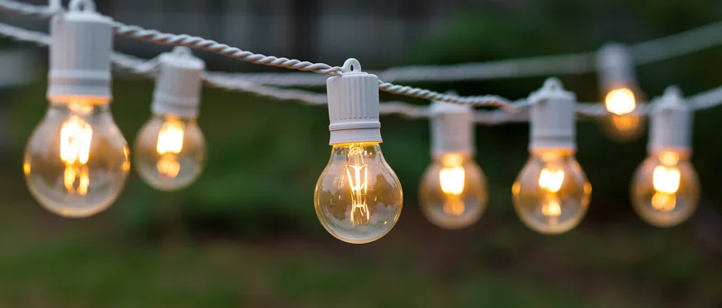String of vintage edison filament bulbs glowing outdoors in a garden setting