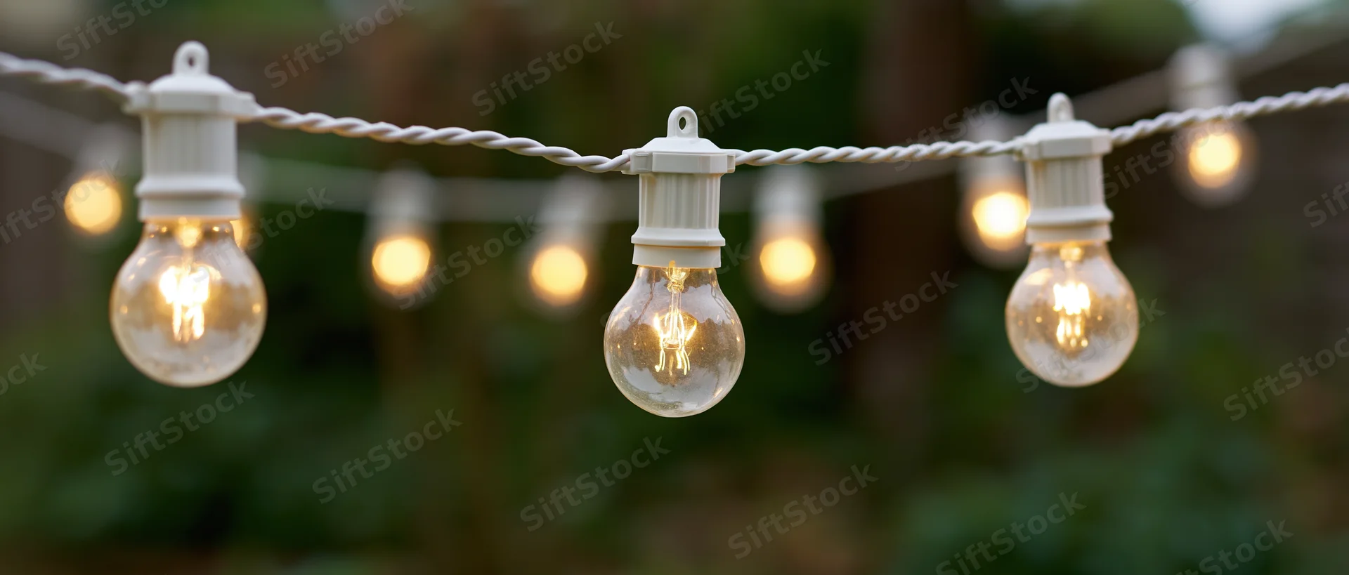 String of vintage edison filament bulbs glowing outdoors in a garden setting