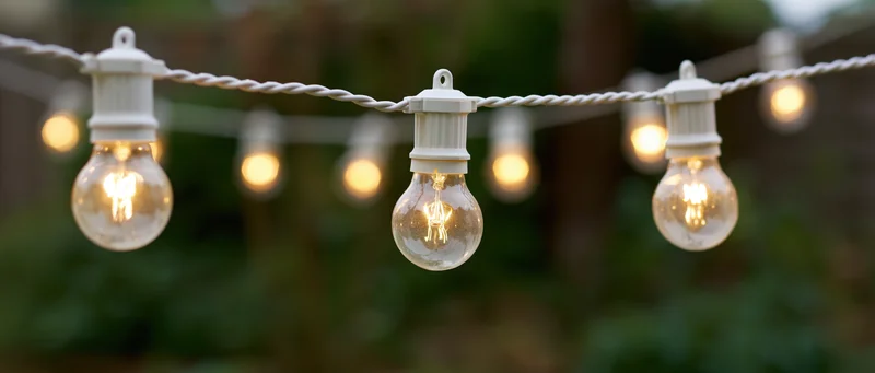 String of vintage edison filament bulbs glowing outdoors in a garden setting