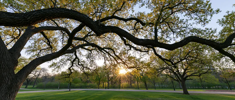 Sunlight breaking through large oak tree canopy in an open park