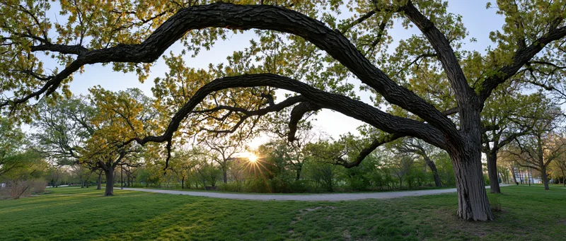 Large oak tree with sprawling branches arching over a grassy park path at sunrise