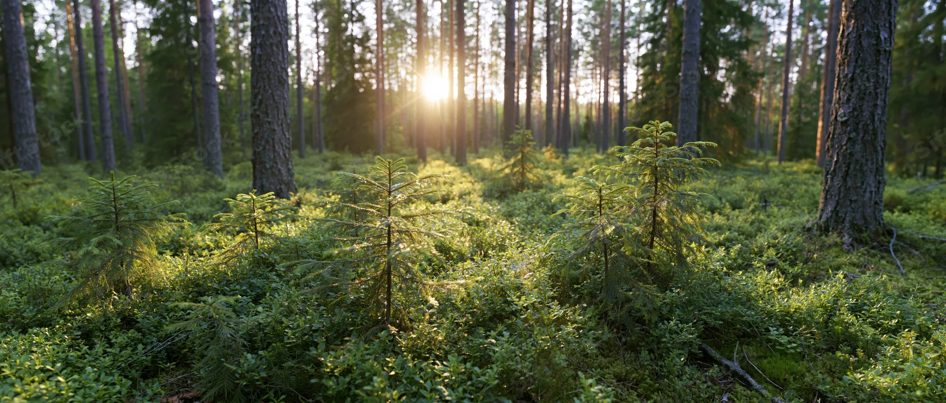 Sunlit boreal forest floor with dense green undergrowth and tall pine trees