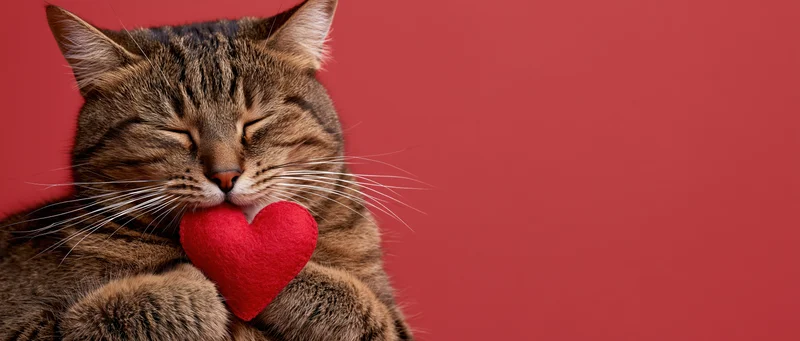 Tabby cat holding a red heart toy with eyes closed against a red background