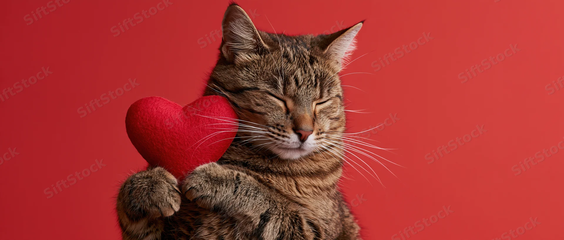 Tabby cat holding red heart against red background with eyes closed