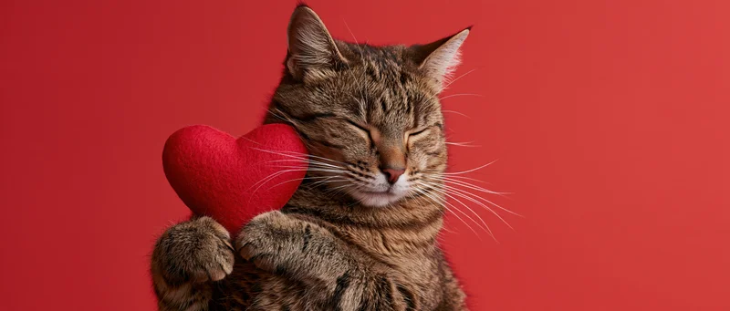 Tabby cat holding red heart against red background with eyes closed