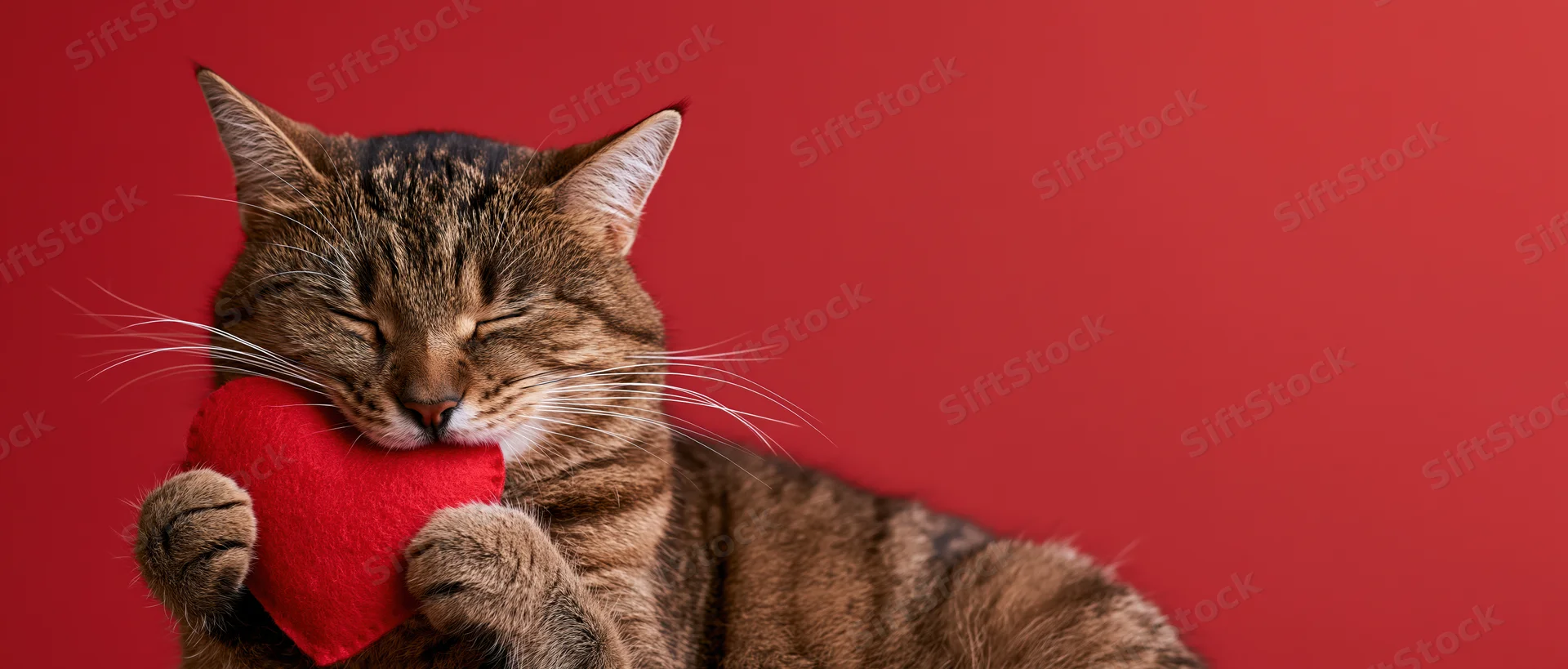 Tabby cat holding a red heart toy with eyes closed against red background