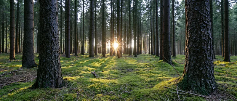 Sunlight bursting through tall spruce trees in a moss-covered forest floor