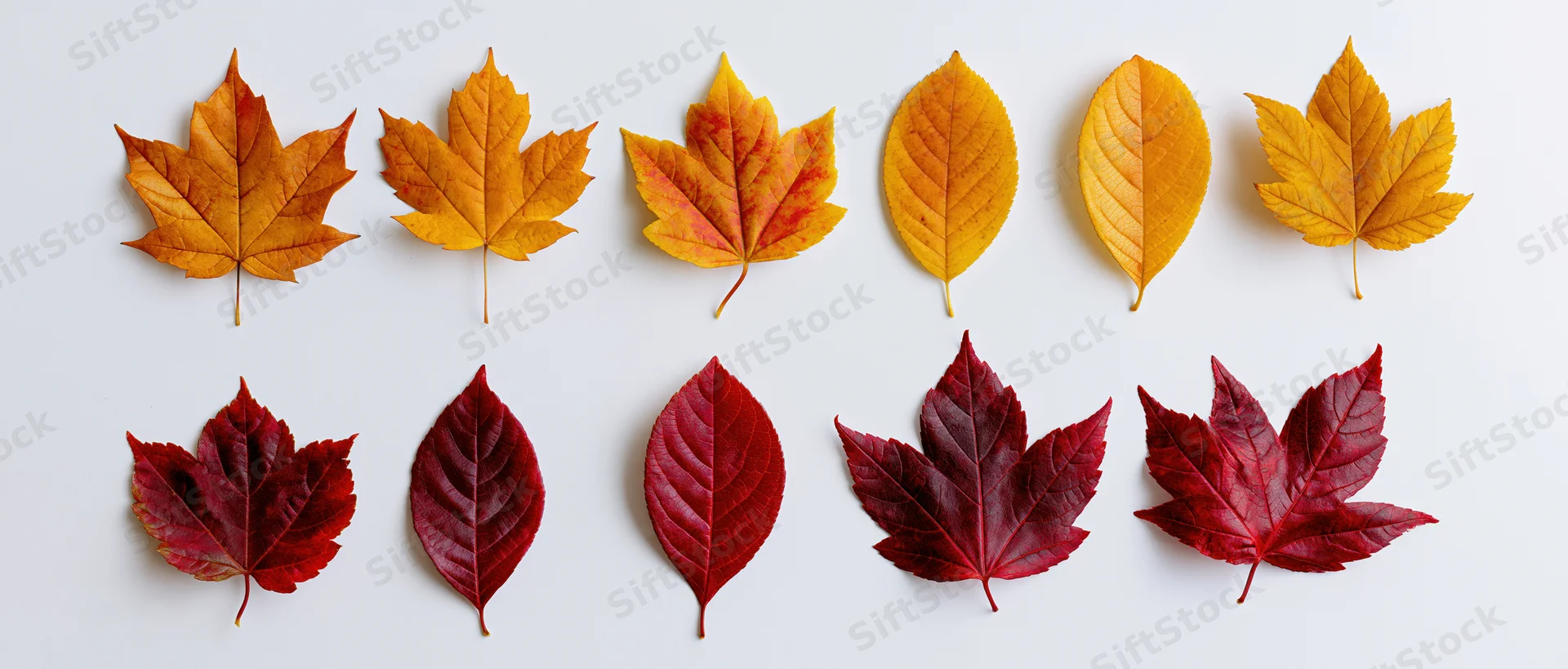 Ten autumn leaves arranged in two rows on a white surface