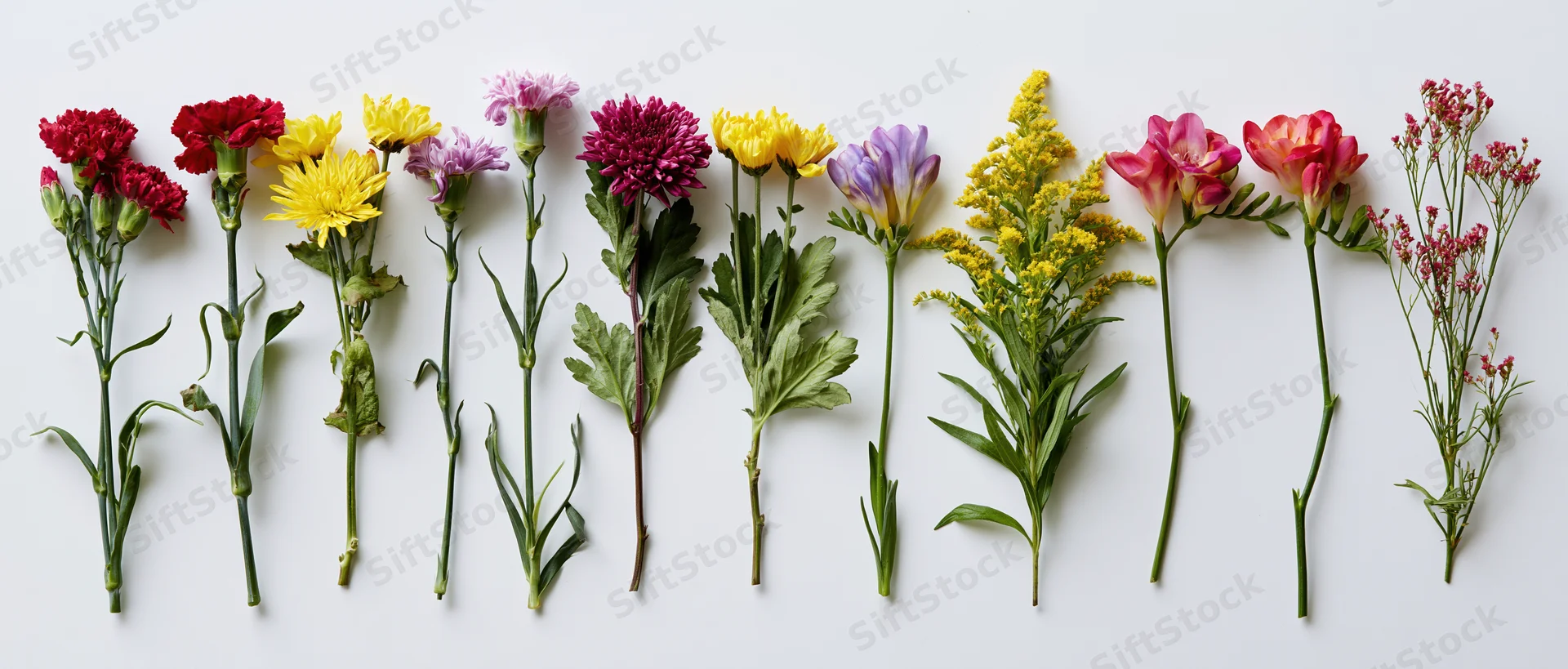 Ten cut flower stems arranged in a row on a white background
