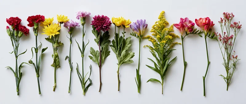 Ten cut flower stems arranged in a row on a white background