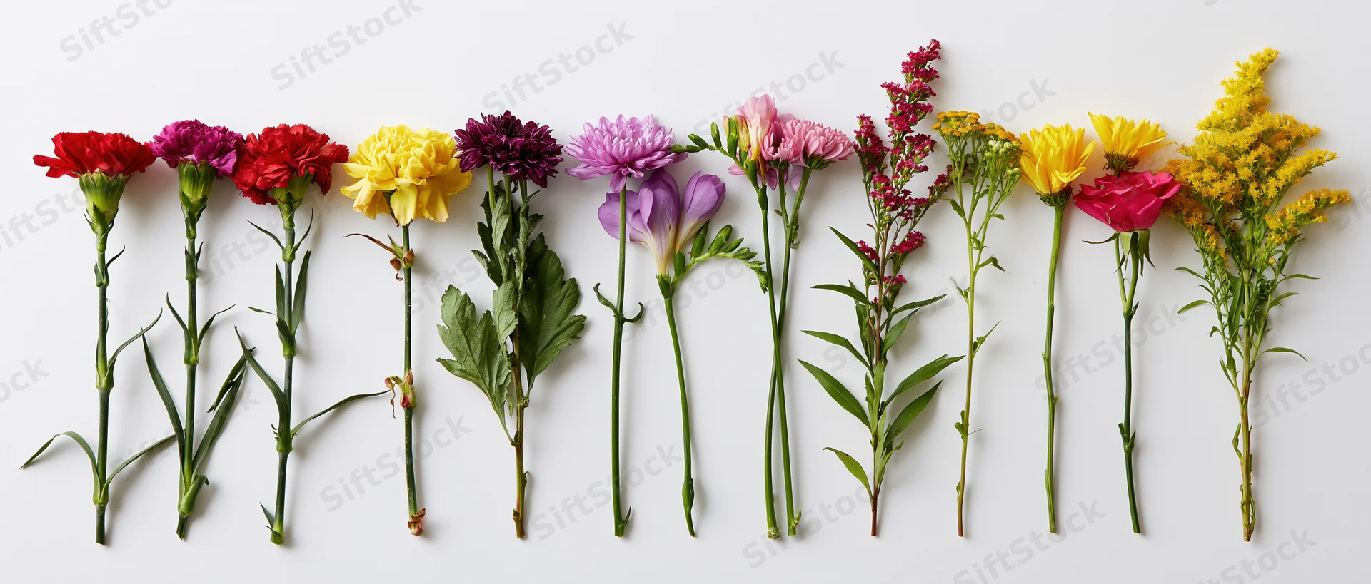 Ten cut flower stems arranged in a row on a white surface