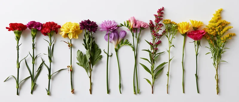 Ten cut flower stems arranged in a row on a white surface