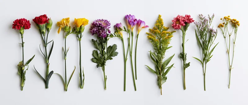 Ten cut flower stems arranged in a row on a white background