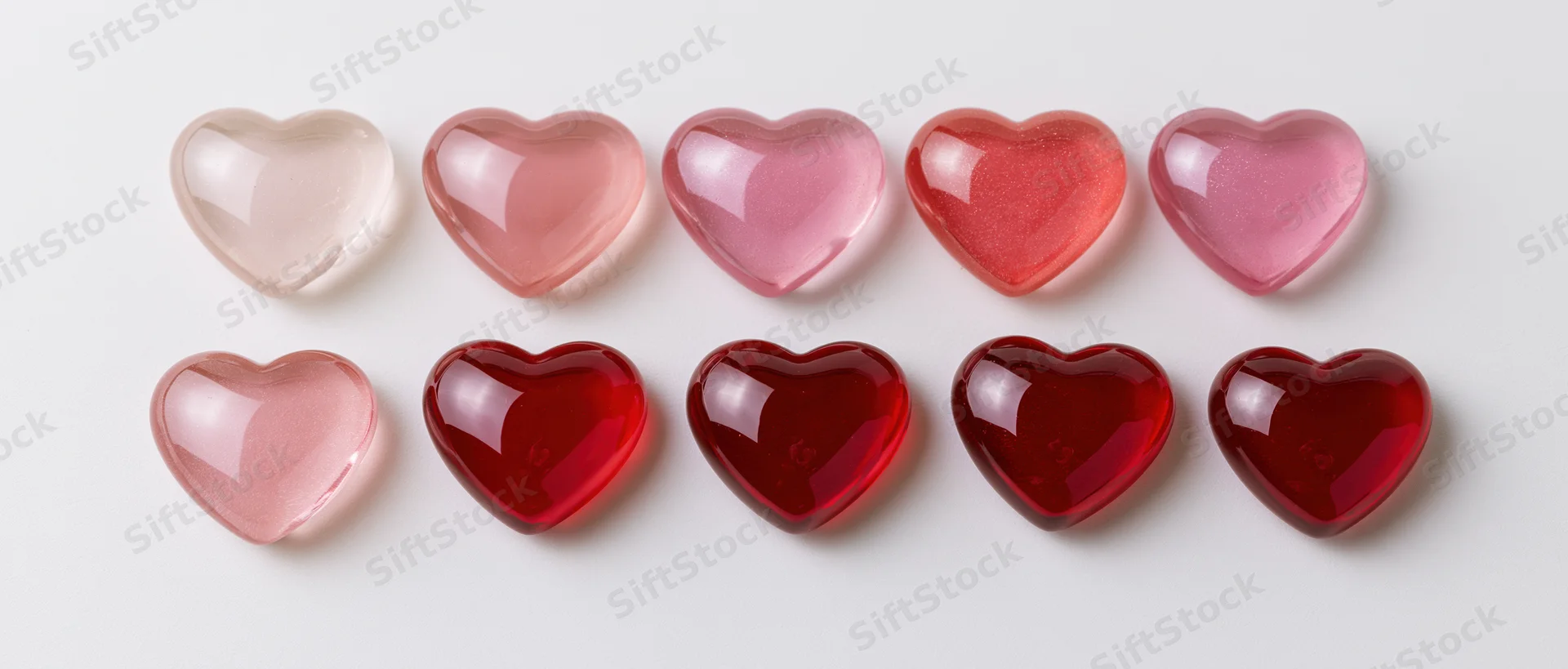 Ten glossy heart-shaped glass objects arranged in two rows on white background