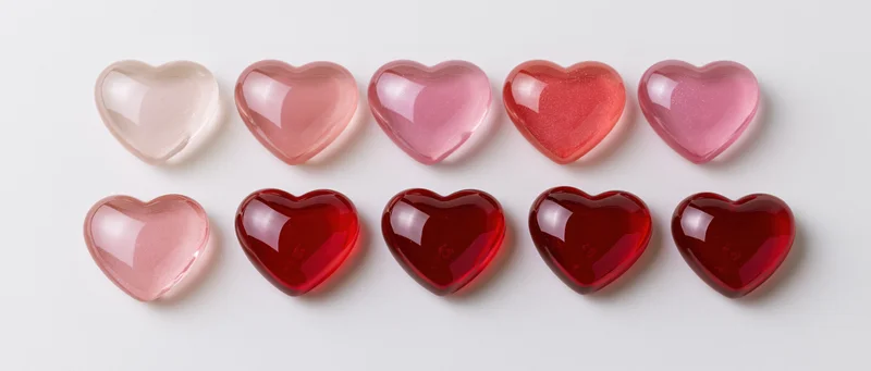 Ten glossy heart-shaped glass objects arranged in two rows on white background