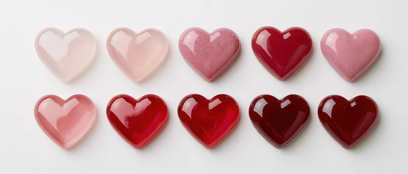 Ten glossy heart-shaped objects arranged in two rows on white background