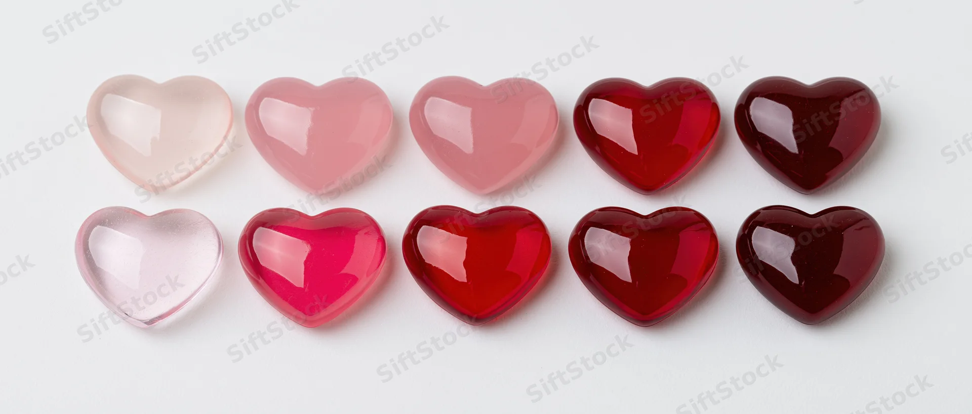 Ten glossy heart-shaped glass objects arranged in two rows on white background