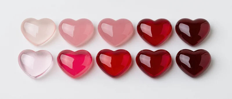 Ten glossy heart-shaped glass objects arranged in two rows on white background