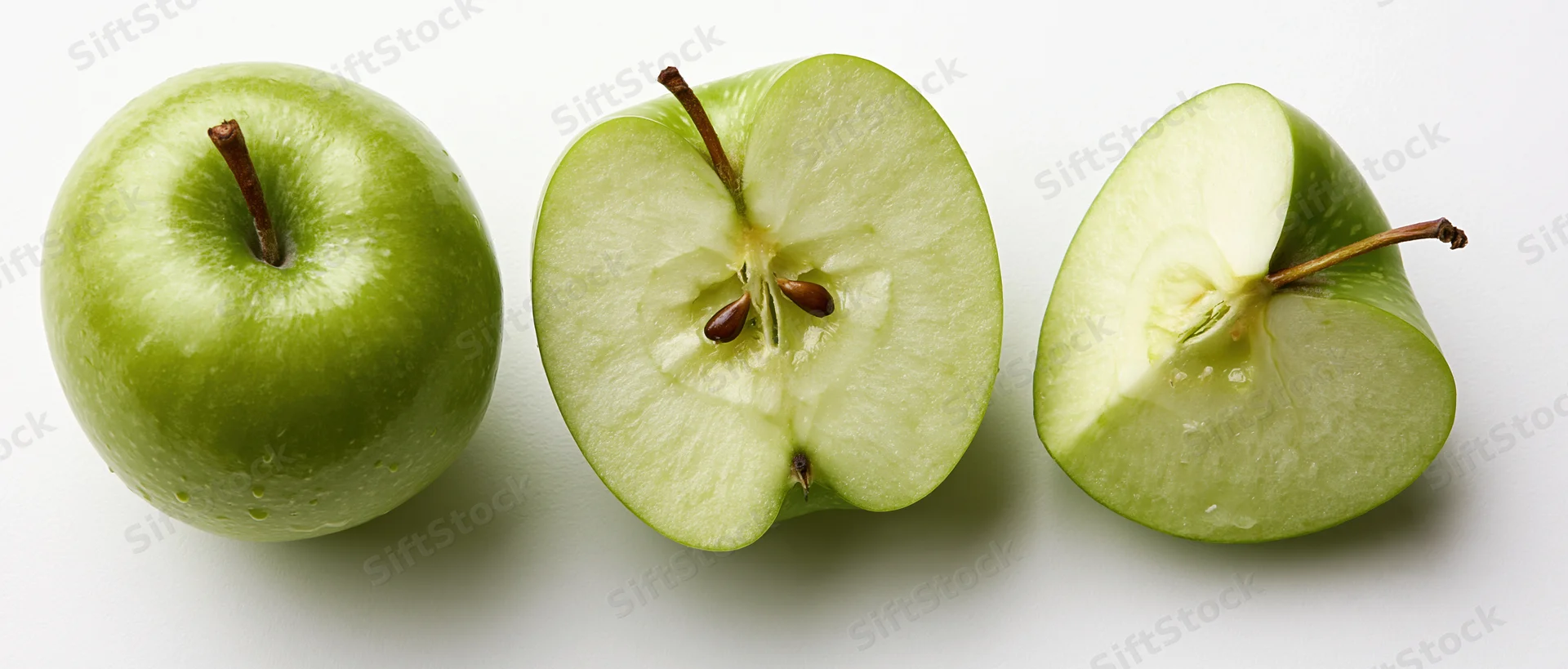 Three green apples in a row, one whole, one halved, one quartered, on a white surface