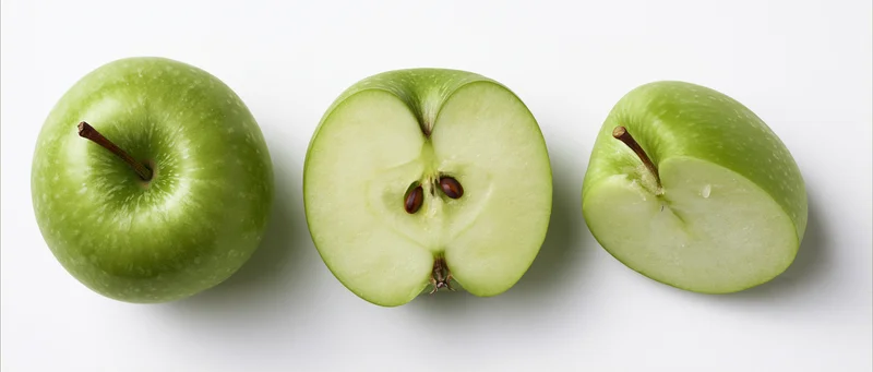 Three green apples arranged in a row, one whole, one halved showing core and seeds, one quartered, on white background