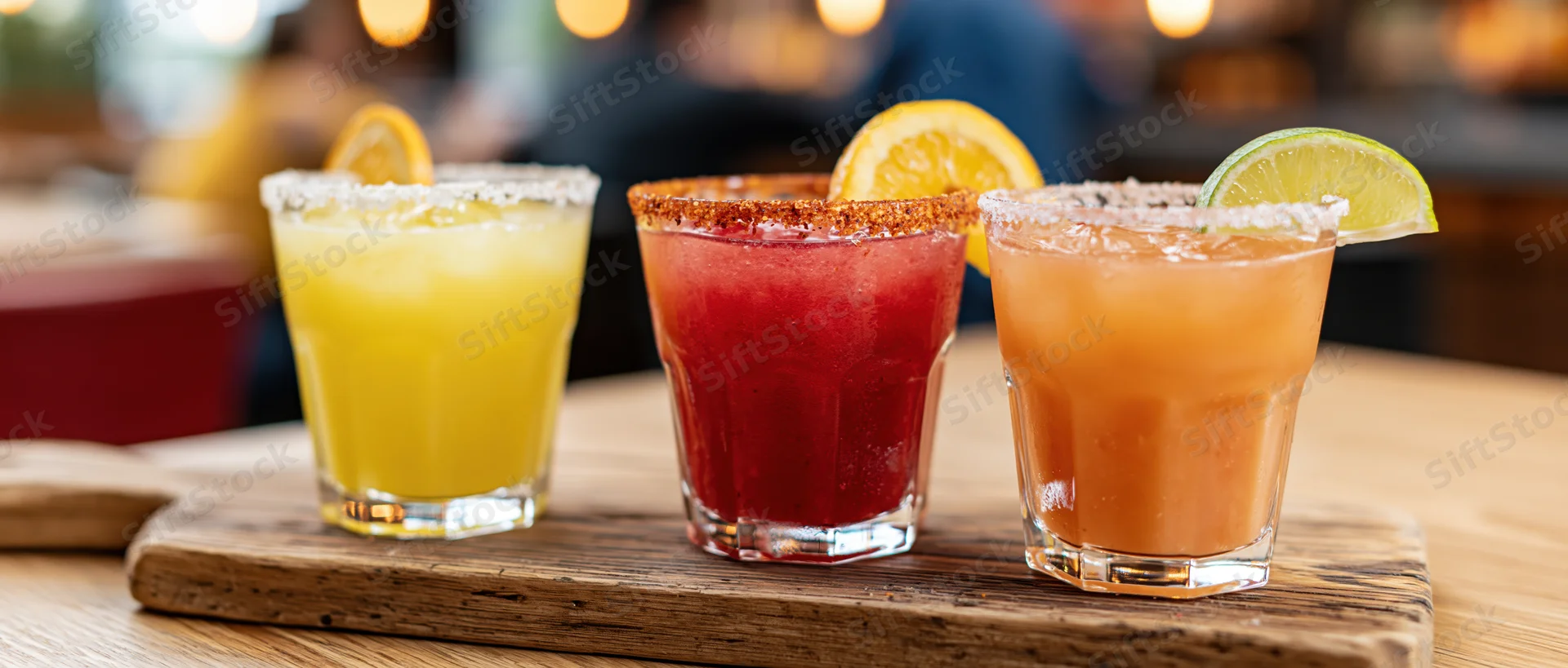 Three colorful mexican cocktails with chili-salt rims and citrus garnishes served on a wooden board at a bar