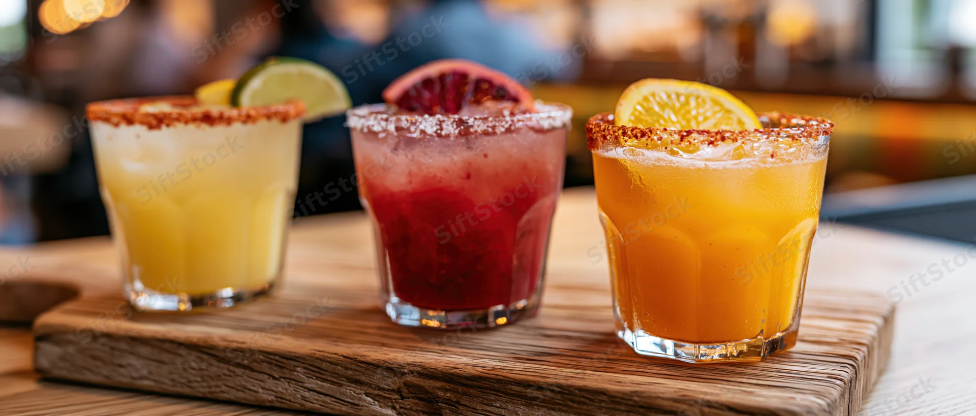 Three colorful mexican cocktails with chili-salt rims and citrus garnishes served on a wooden tray in a bar setting