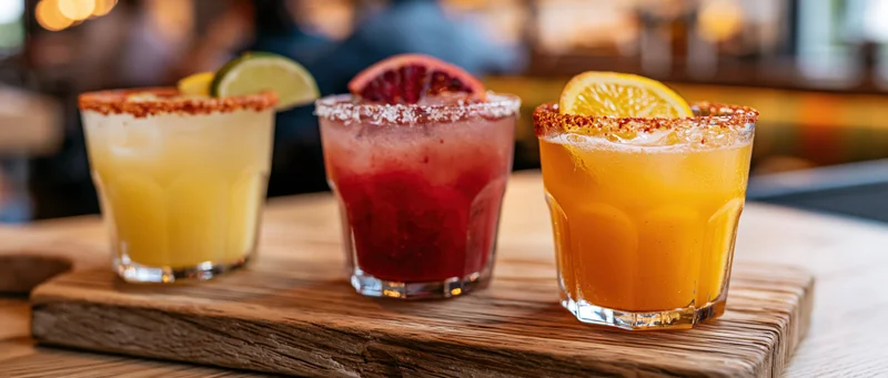 Three colorful mexican cocktails with chili-salt rims and citrus garnishes served on a wooden tray in a bar setting