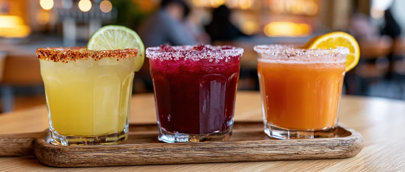 Three colorful mexican cocktails with chili-salt rims and citrus garnishes on a wooden tray at a bar