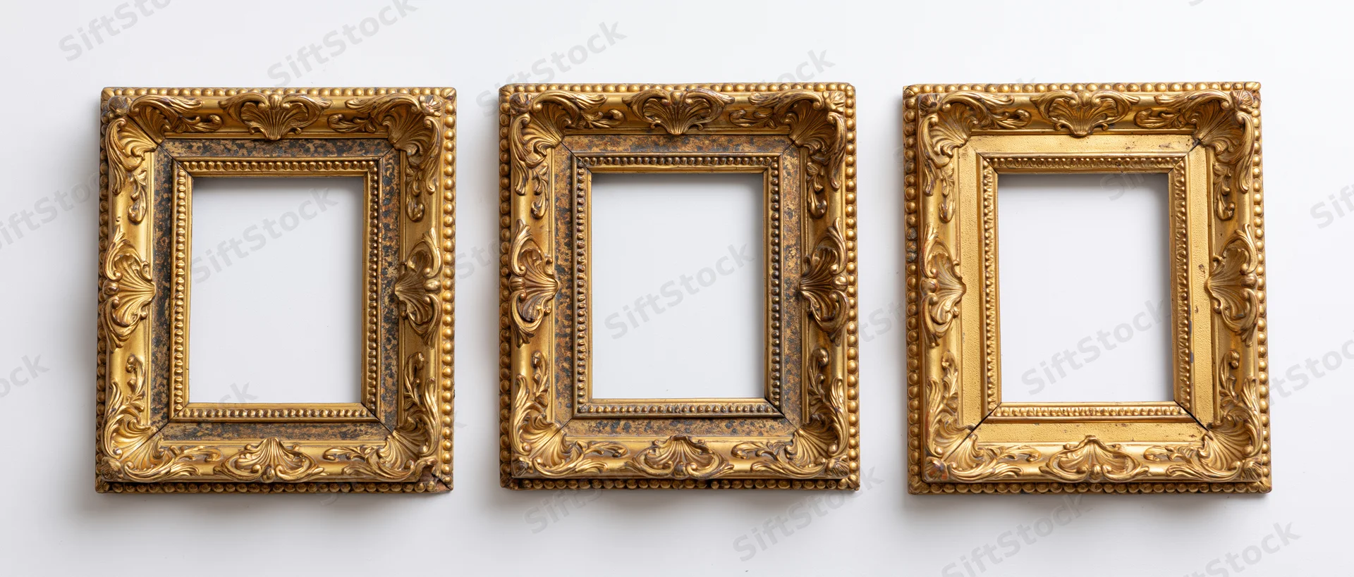 Three antique gilded picture frames arranged side by side on a white wall