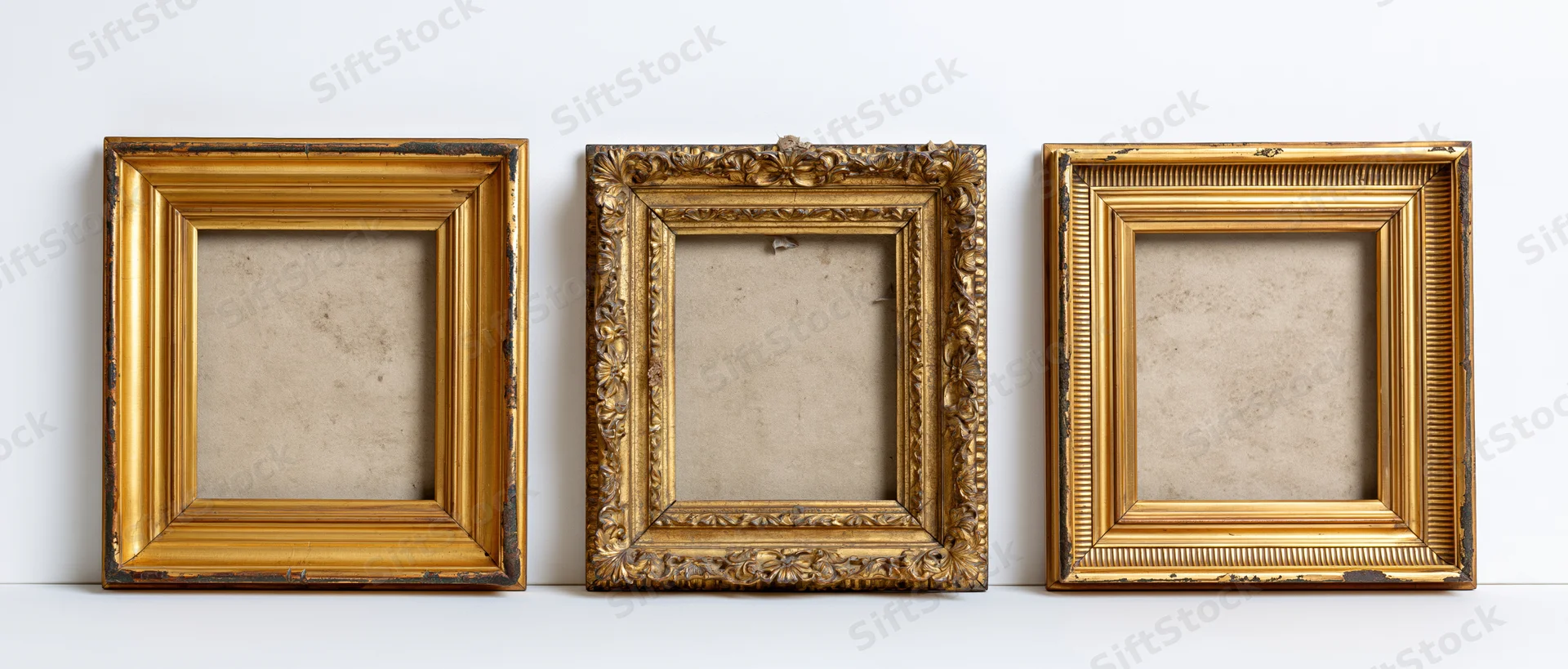 Three antique gilded picture frames arranged side by side on a white surface