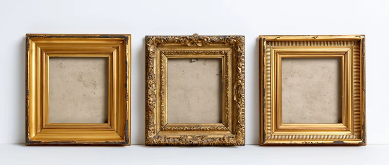 Three antique gilded picture frames arranged side by side on a white surface