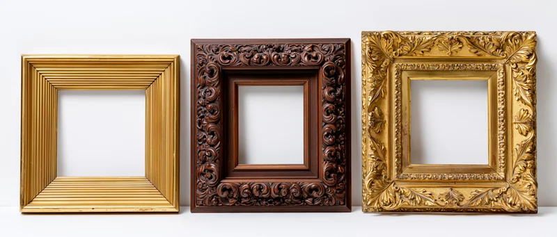 Three antique ornate picture frames arranged side by side on a white surface